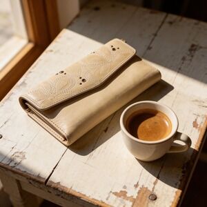 Fossil Cream Beige Leather Embossed Floral Studded Clutch Wallet Address Book